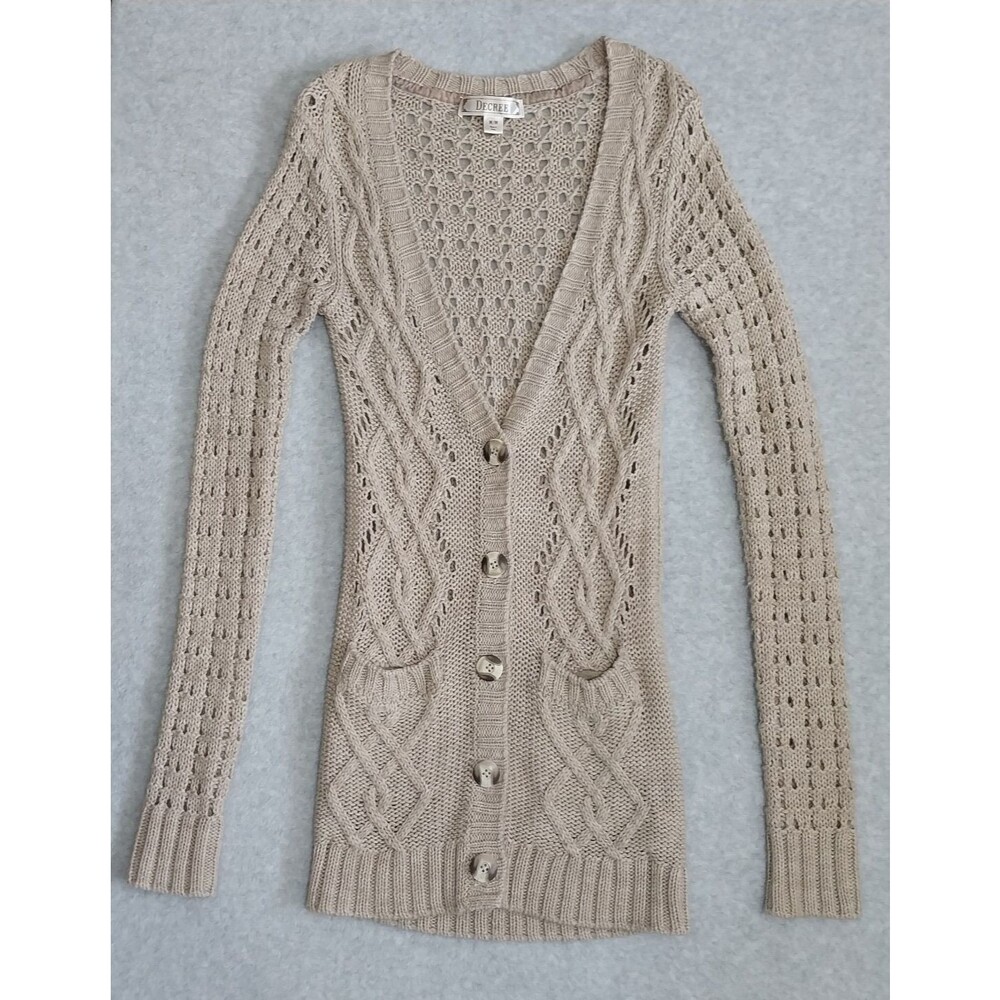 Decree Cable Knit Long Cardigan Sweater Beige Open Pointelle Knit Pockets Size M